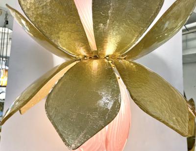 Contemporary Pair of Italian Pink Gold Murano Glass Brass Flower Chandeliers