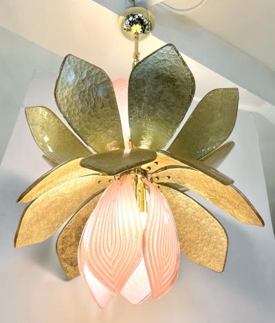 Contemporary Pair of Italian Pink Gold Murano Glass Brass Flower Chandeliers
