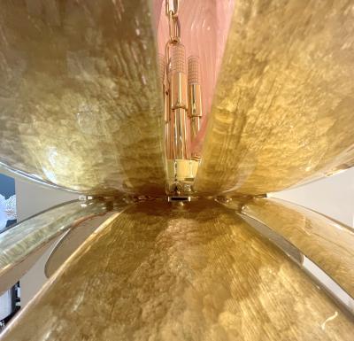 Contemporary Pair of Italian Pink Gold Murano Glass Brass Flower Chandeliers