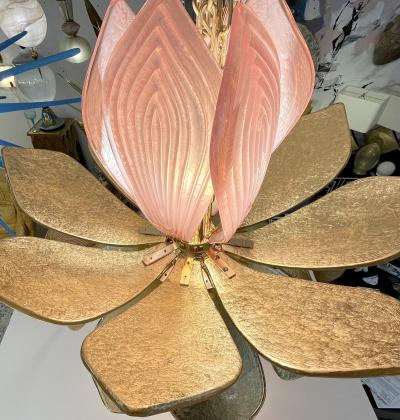 Contemporary Pair of Italian Pink Gold Murano Glass Brass Flower Chandeliers