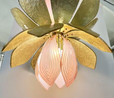 Contemporary Pair of Italian Pink Gold Murano Glass Brass Flower Chandeliers