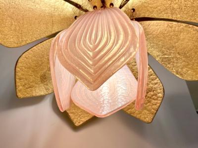 Contemporary Pair of Italian Pink Gold Murano Glass Brass Flower Chandeliers
