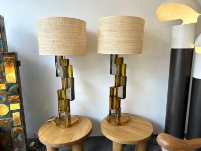Contemporary Pair of Lamps Amber Smoke Cubic Murano Glass and Brass Italy