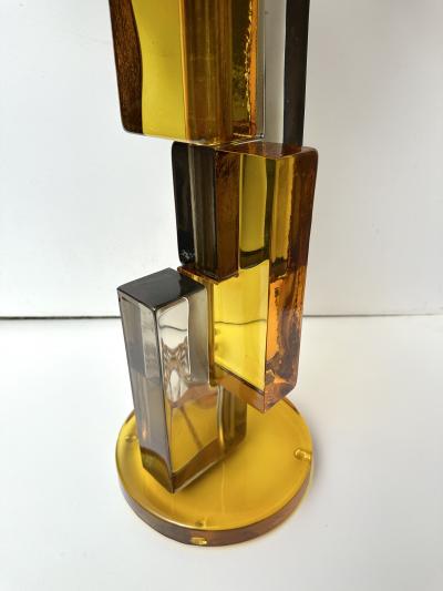 Contemporary Pair of Lamps Amber Smoke Cubic Murano Glass and Brass Italy