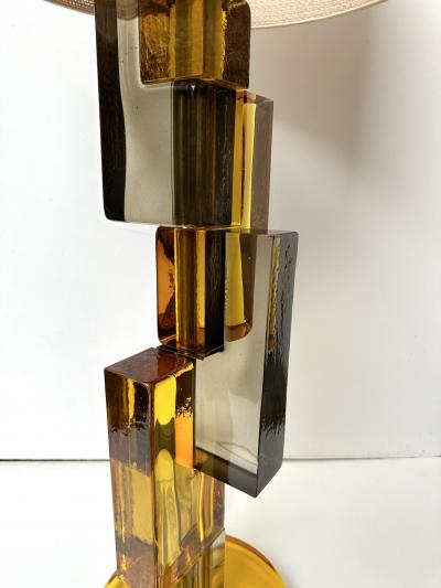 Contemporary Pair of Lamps Amber Smoke Cubic Murano Glass and Brass Italy
