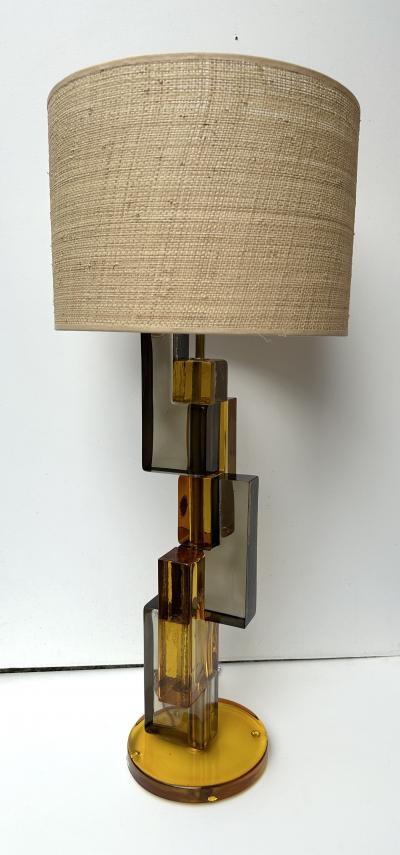 Contemporary Pair of Lamps Amber Smoke Cubic Murano Glass and Brass Italy