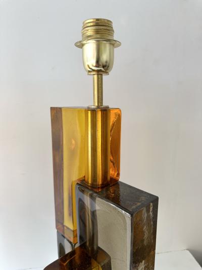 Contemporary Pair of Lamps Amber Smoke Cubic Murano Glass and Brass Italy