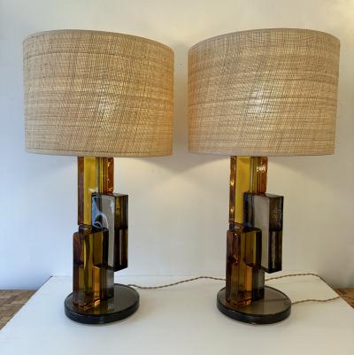 Contemporary Pair of Lamps Amber Smoke Cubic Murano Glass and Brass Italy