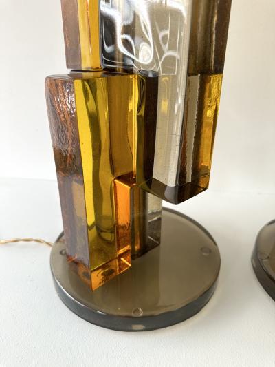 Contemporary Pair of Lamps Amber Smoke Cubic Murano Glass and Brass Italy