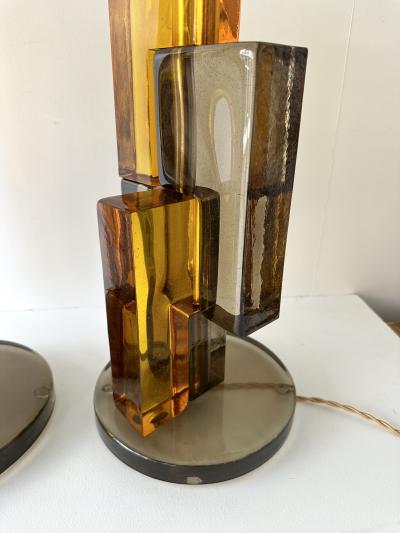 Contemporary Pair of Lamps Amber Smoke Cubic Murano Glass and Brass Italy