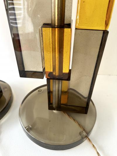 Contemporary Pair of Lamps Amber Smoke Cubic Murano Glass and Brass Italy
