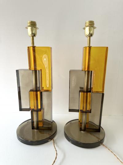 Contemporary Pair of Lamps Amber Smoke Cubic Murano Glass and Brass Italy