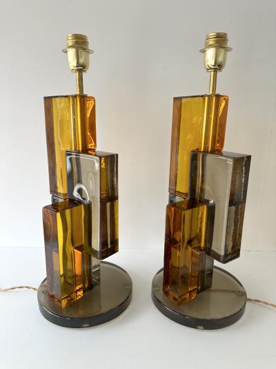 Contemporary Pair of Lamps Amber Smoke Cubic Murano Glass and Brass Italy