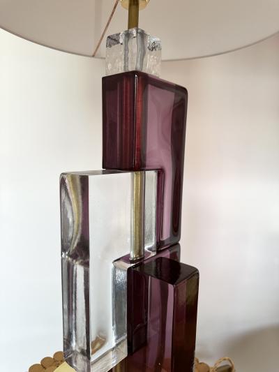 Contemporary Pair of Lamps Amethyst Cubic Murano Glass and Brass Italy
