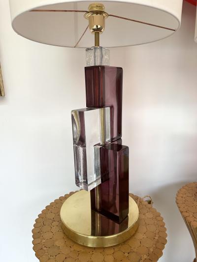 Contemporary Pair of Lamps Amethyst Cubic Murano Glass and Brass Italy