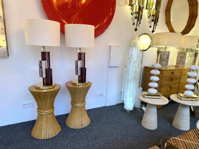 Contemporary Pair of Lamps Amethyst Cubic Murano Glass and Brass Italy