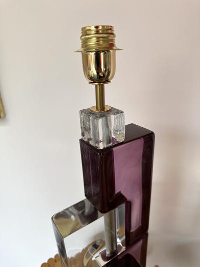Contemporary Pair of Lamps Amethyst Cubic Murano Glass and Brass Italy