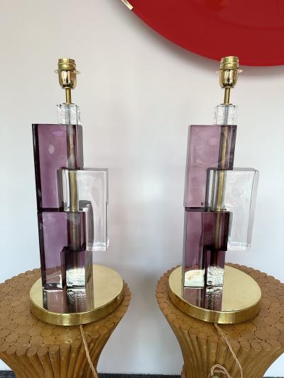 Contemporary Pair of Lamps Amethyst Cubic Murano Glass and Brass Italy