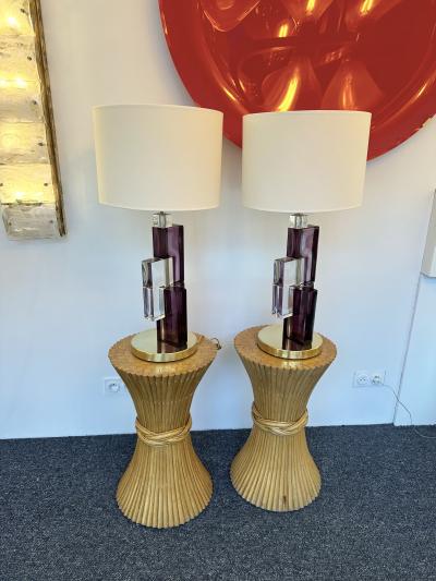 Contemporary Pair of Lamps Amethyst Cubic Murano Glass and Brass Italy