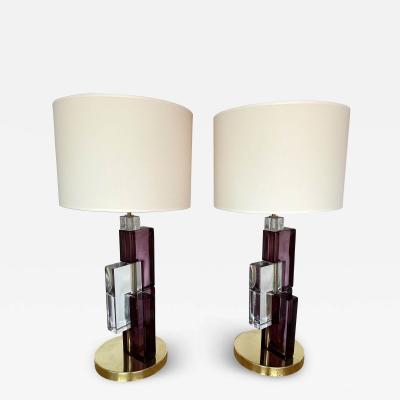Contemporary Pair of Lamps Amethyst Cubic Murano Glass and Brass Italy