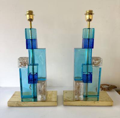 Contemporary Pair of Lamps Blue Gold Powder Cubic Murano Glass and Brass Italy