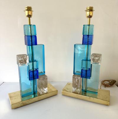 Contemporary Pair of Lamps Blue Gold Powder Cubic Murano Glass and Brass Italy