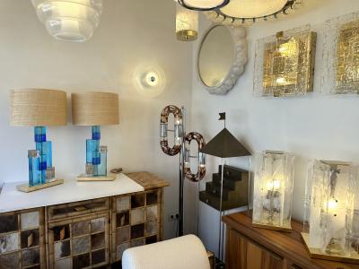 Contemporary Pair of Lamps Blue Gold Powder Cubic Murano Glass and Brass Italy