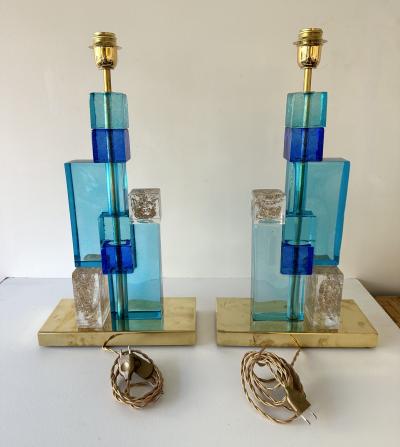 Contemporary Pair of Lamps Blue Gold Powder Cubic Murano Glass and Brass Italy