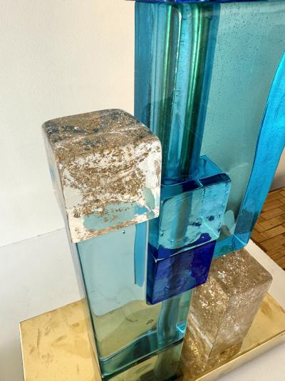 Contemporary Pair of Lamps Blue Gold Powder Cubic Murano Glass and Brass Italy