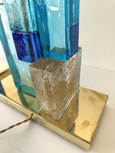 Contemporary Pair of Lamps Blue Gold Powder Cubic Murano Glass and Brass Italy