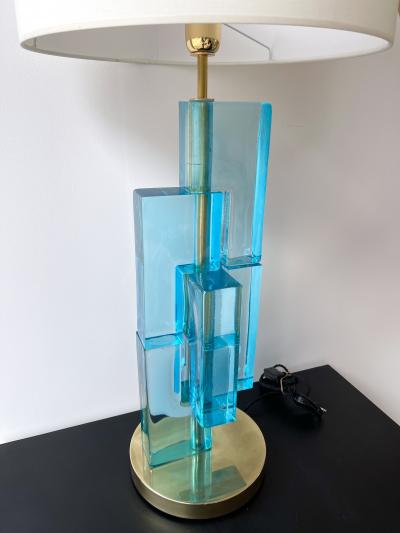 Contemporary Pair of Lamps Blue Lagoon Cubic Murano Glass and Brass Italy
