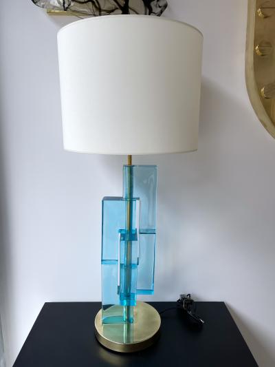 Contemporary Pair of Lamps Blue Lagoon Cubic Murano Glass and Brass Italy