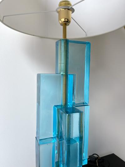 Contemporary Pair of Lamps Blue Lagoon Cubic Murano Glass and Brass Italy