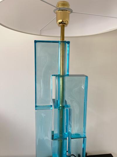Contemporary Pair of Lamps Blue Lagoon Cubic Murano Glass and Brass Italy