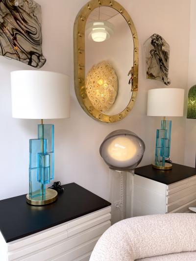 Contemporary Pair of Lamps Blue Lagoon Cubic Murano Glass and Brass Italy