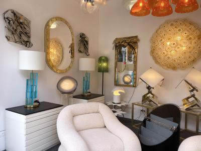 Contemporary Pair of Lamps Blue Lagoon Cubic Murano Glass and Brass Italy