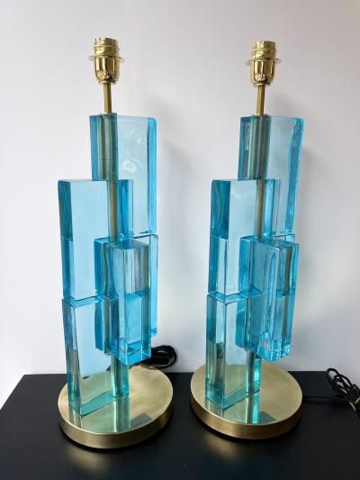 Contemporary Pair of Lamps Blue Lagoon Cubic Murano Glass and Brass Italy