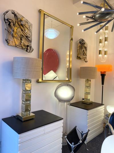 Contemporary Pair of Lamps Brass Column Cube Murano Glass Italy