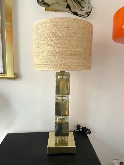 Contemporary Pair of Lamps Brass Column Cube Murano Glass Italy