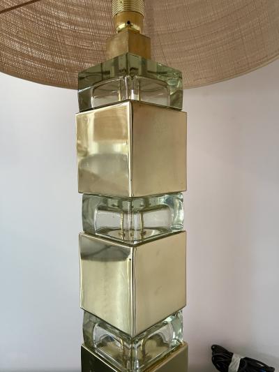 Contemporary Pair of Lamps Brass Column Cube Murano Glass Italy