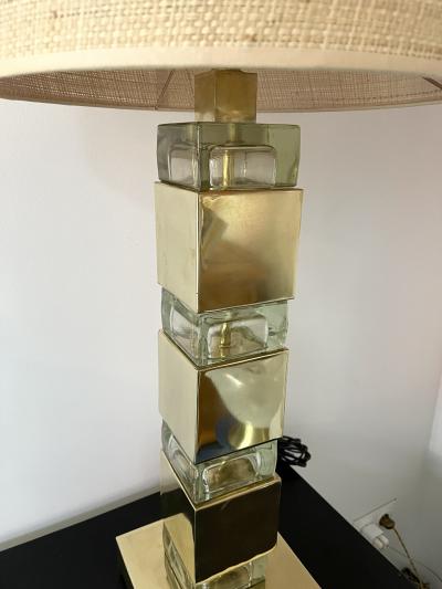 Contemporary Pair of Lamps Brass Column Cube Murano Glass Italy