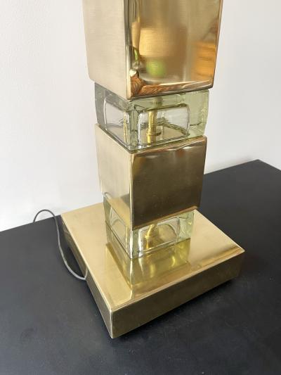 Contemporary Pair of Lamps Brass Column Cube Murano Glass Italy