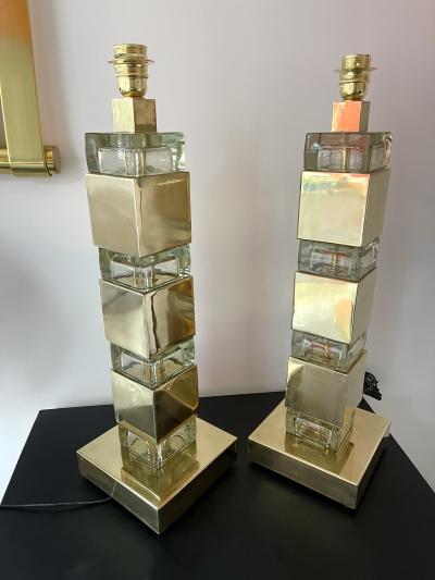 Contemporary Pair of Lamps Brass Column Cube Murano Glass Italy