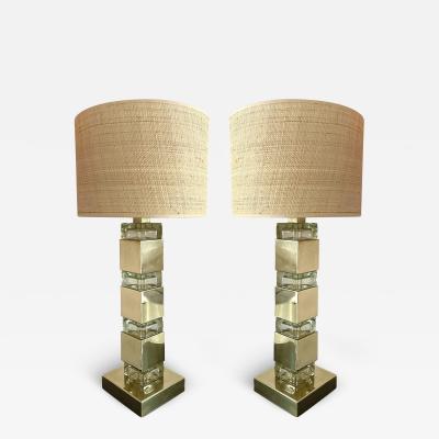 Contemporary Pair of Lamps Brass Column Cube Murano Glass Italy