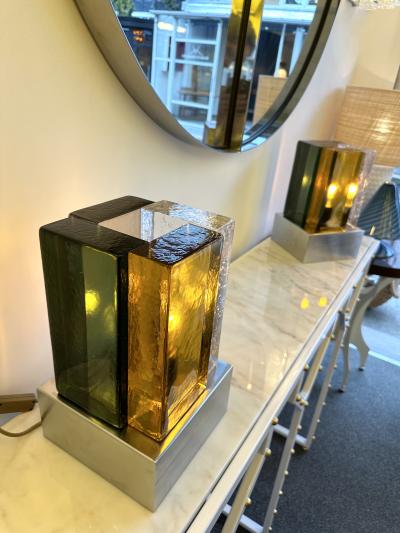 Contemporary Pair of Lamps Cubic Murano Glass and Stainless Steel Italy
