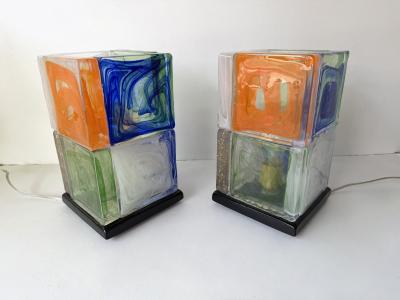 Contemporary Pair of Lamps Cubic Pennellate Murano Glass Italy