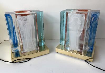 Contemporary Pair of Lamps Cubic Pennellate Murano Glass and Brass Italy