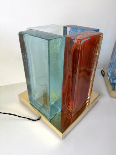 Contemporary Pair of Lamps Cubic Pennellate Murano Glass and Brass Italy