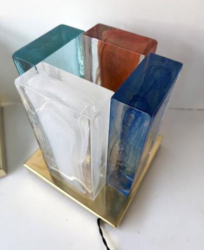 Contemporary Pair of Lamps Cubic Pennellate Murano Glass and Brass Italy