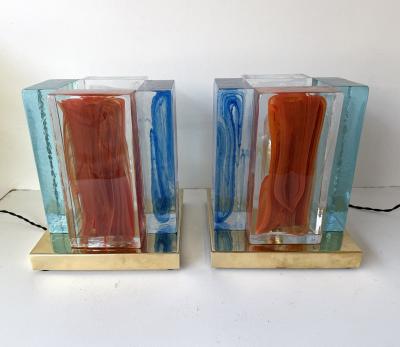Contemporary Pair of Lamps Cubic Pennellate Murano Glass and Brass Italy